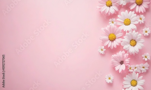 Pink and white daisies arranged on a pink background, leaving ample copy space. Flat lay, top view.