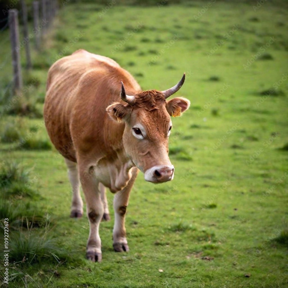 A long shot photo of a cow walking along a fence line, rack focus highlighting the cow from a high angle, with the background gradually coming into focus, presenting a wider portrait of the cow in its A long shot photo of a cow walking along a fence line, rack focus highlighting the cow from a high angle, with the background gradually coming into focus, presenting a wider portrait of the cow in its