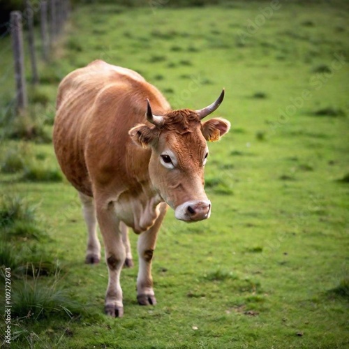 A long shot photo of a cow walking along a fence line, rack focus highlighting the cow from a high angle, with the background gradually coming into focus, presenting a wider portrait of the cow in its