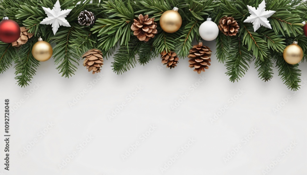 Snowy Pine Garland Border with Wooden Stars and Pine Cones - Christmas Decoration, Christmas tree branches background, Christmas decoration baubles with branches of fir tree on white background Snowy Pine Garland Border with Wooden Stars and Pine Cones - Christmas Decoration, Christmas tree branches background, Christmas decoration baubles with branches of fir tree on white background