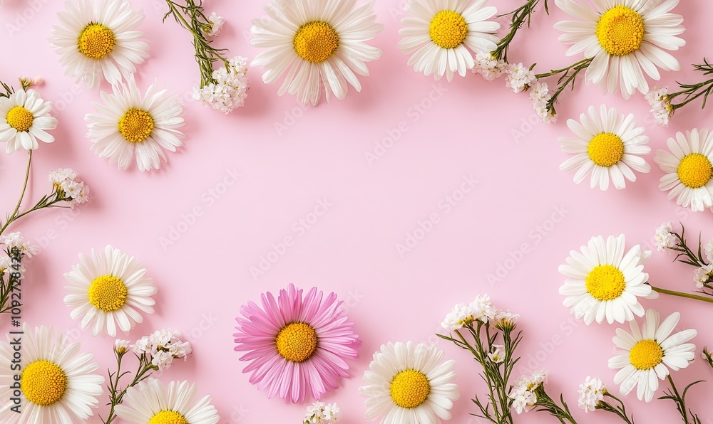 Obraz premium Pink background with white and pink daisies arranged in a frame. Empty space in the center for text or design.