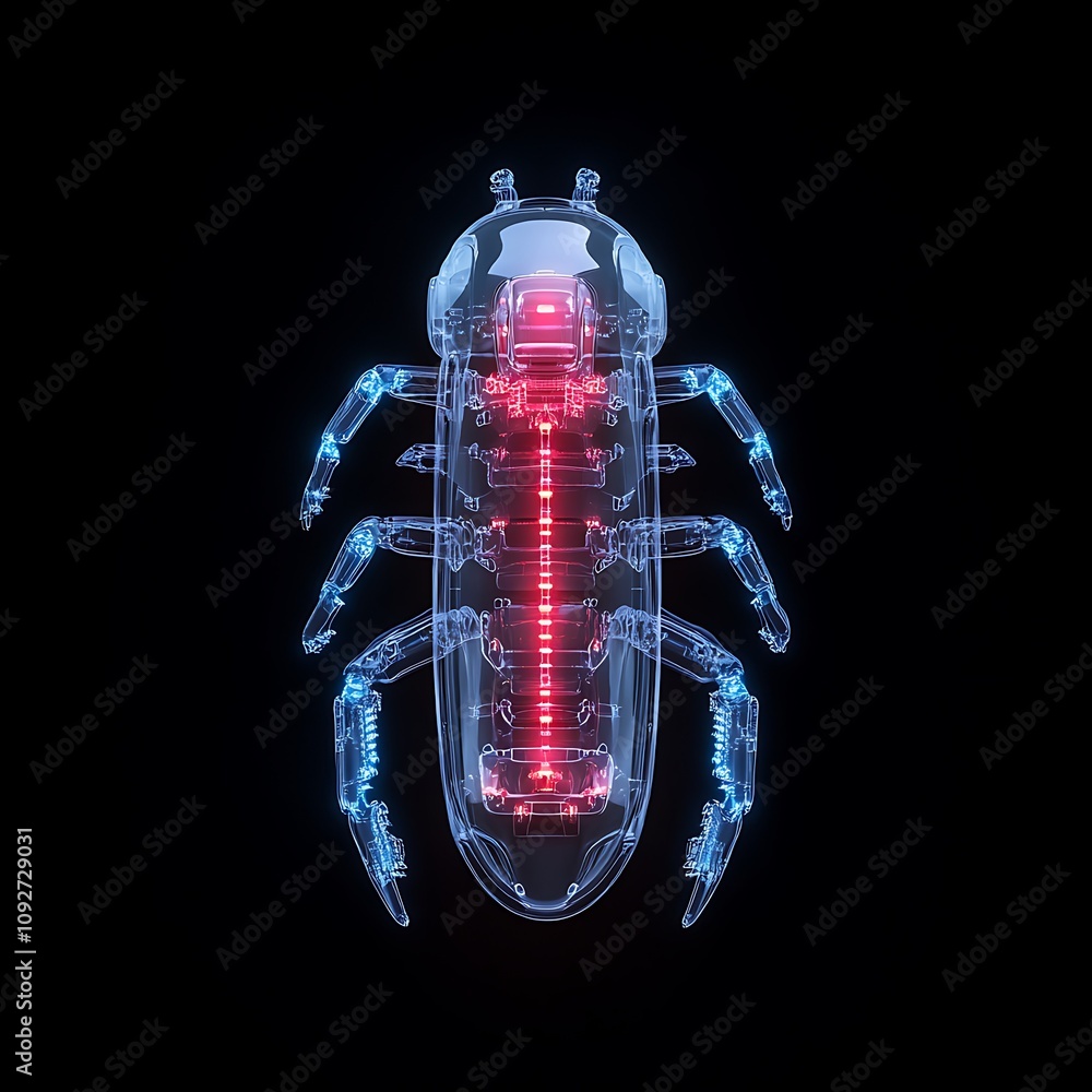 Futuristic Transparent Insect with Glowing Internal Structure, Detailed Scientific Illustration of an Insect in a High-Tech Visualization Style, Suitable for Educational Purposes Futuristic Transparent Insect with Glowing Internal Structure, Detailed Scientific Illustration of an Insect in a High-Tech Visualization Style, Suitable for Educational Purposes