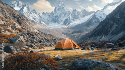 Rugged mountain campsite in alpine meadow with colorful tent, hiking gear, morning sun.