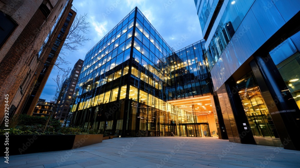 Fototapeta premium Illuminated Modern Glass and Steel Corporate Office Building in Downtown Urban Cityscape at Night