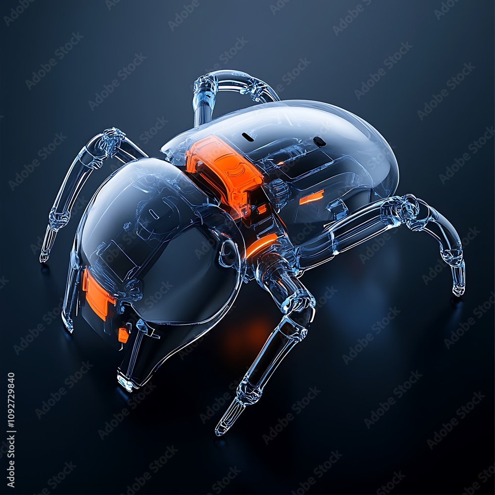 Naklejka premium Futuristic Transparent Robot Spider with Mechanical Components and Illuminated Elements Against a Dark Background for Technology and Innovation Themes