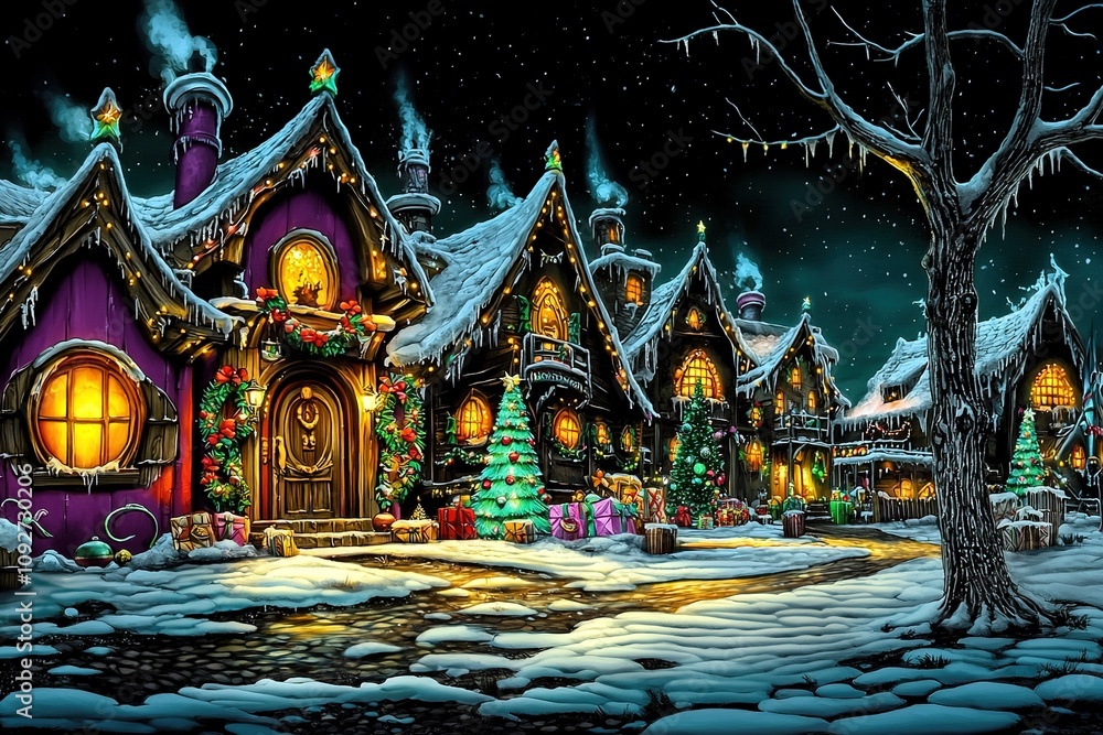 Fototapeta premium Santa Claus village at North Pole. Vintage Christmas. Ai Generative