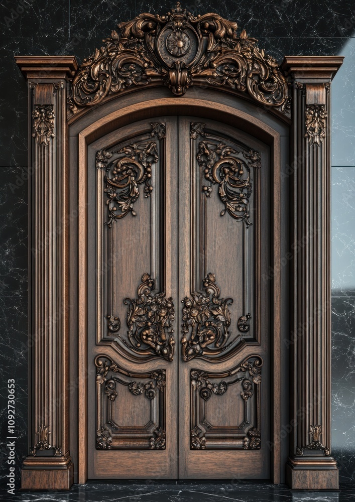 Ornate wooden double doors with intricate carvings against a dark marble backdrop. Ornate wooden double doors with intricate carvings against a dark marble backdrop.
