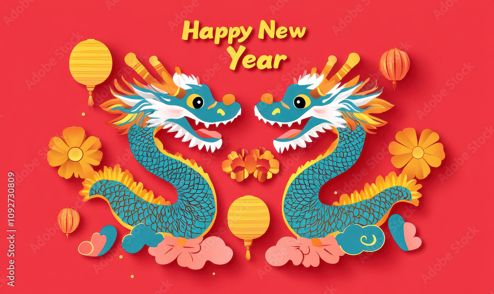 Colorful Chinese new year dragon illustration on red background Colorful Chinese new year dragon illustration on red background