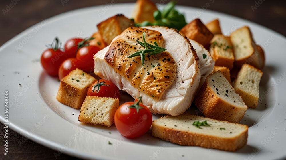 Soft focus photo of roasted chicken fillet with tomato cherry, parmesan and crouton Soft focus photo of roasted chicken fillet with tomato cherry, parmesan and crouton