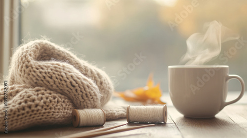 A cozy setting where a knitter is working on a woolen scarf, with spools of yarn, knitting needles, and a steaming cup of tea nearby. The natural textures and soft lighting enhance the feeling of photo