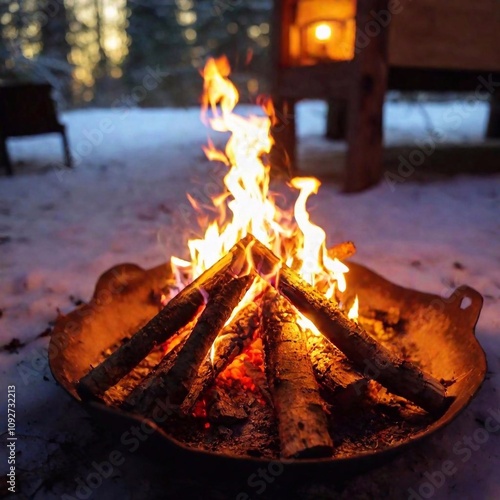 Create a Long Shot (LS) photo of a Winter Solstice gathering with several small bonfires. Use Rack Focus to highlight the various bonfires against a softly blurred backdrop of snowy trees or festive d photo