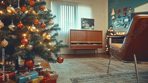 Retro 1960s Living Room with Christmas Tree, Vintage Furniture and Festive Decorations. Holiday Celebration