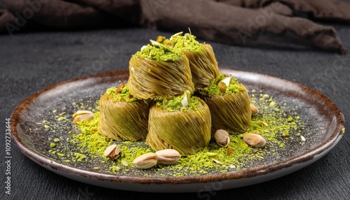 Dubai chocolate with green kataifi and pistachio paste photo