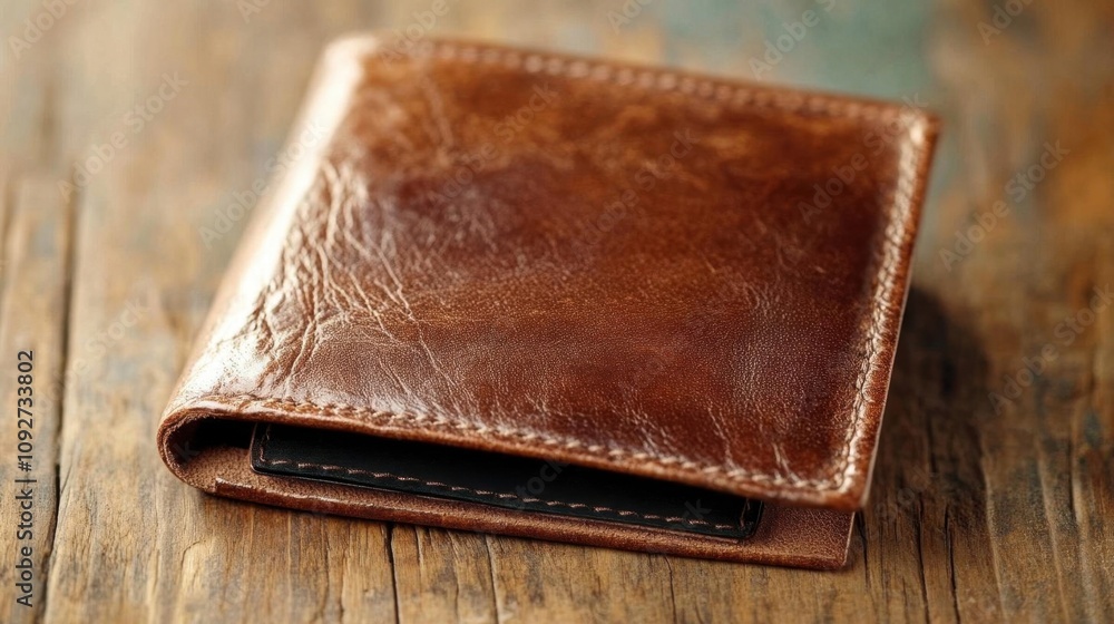 A brown leather wallet resting on a wooden surface. A brown leather wallet resting on a wooden surface.