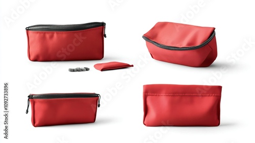 Wallpaper Mural red first aid kit bags in different angles isolated white background, portable medicine canvas pouch with closed zipper for medical care in case of an emergency. Torontodigital.ca