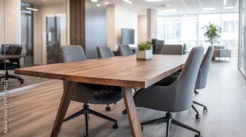 Modern Conference Room with Elegant Wooden Table and Ergonomic Chairs in Bright Office Space Designed for Collaboration and Creativity