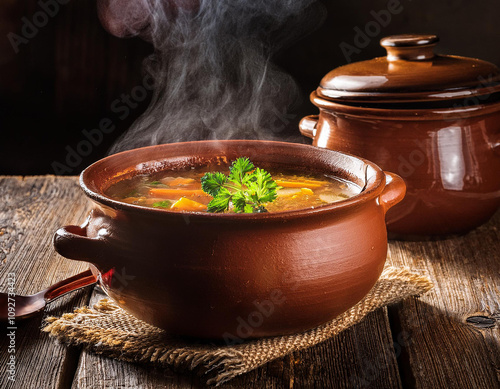 Un puchero de barro con comida caliente sobre una mesa de un restaurante tradicional photo