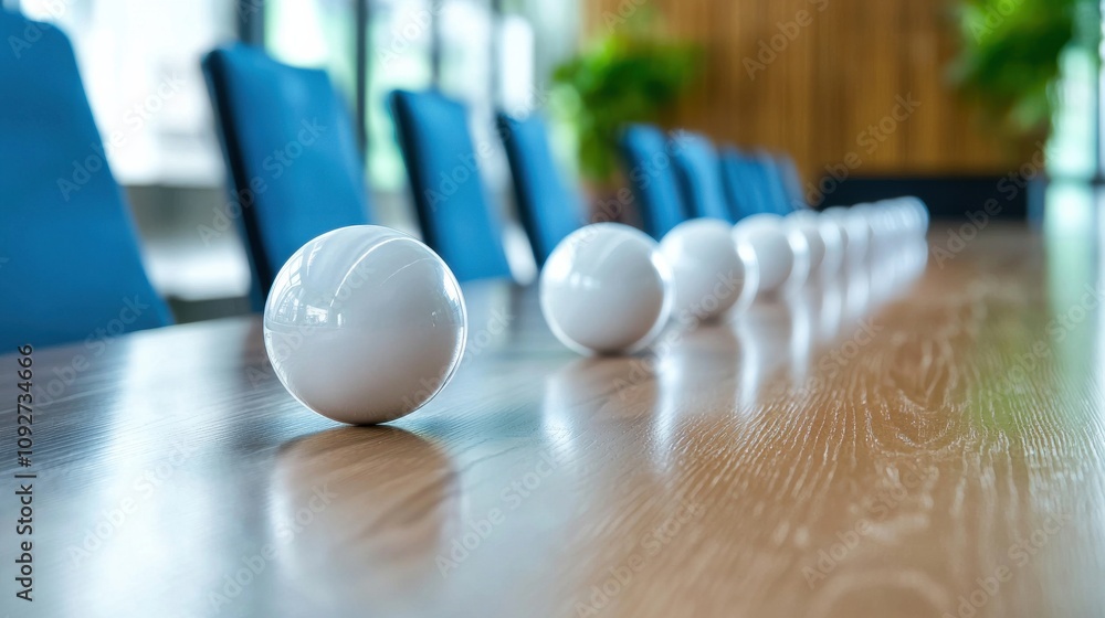 Arrangement of White Balls on a Wooden Table with Geometric Patterns Arrangement of White Balls on a Wooden Table with Geometric Patterns