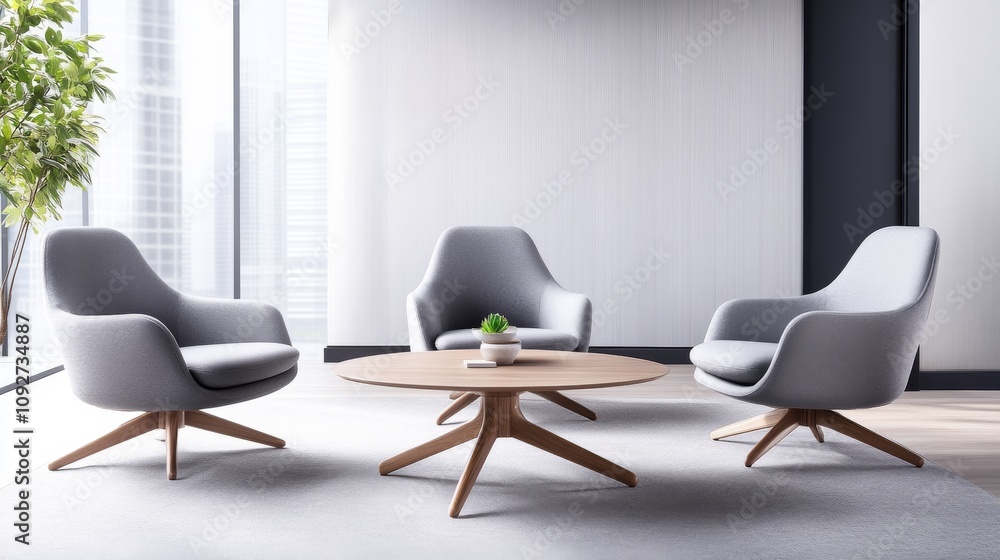Fototapeta premium Modern Living Room with Stylish Grey Upholstered Chairs and Circular Wood Table Surrounded by Sunlight and Green Plant Accents in Elegant Interior Design