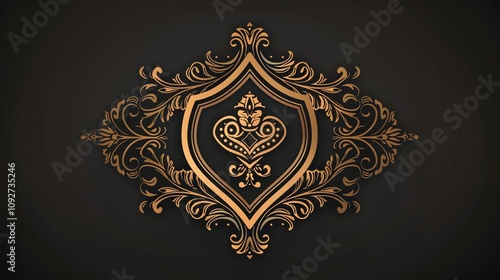 An ornate, vintage design with a shield shape at the center surrounded by elaborate, gold-colored floral details.