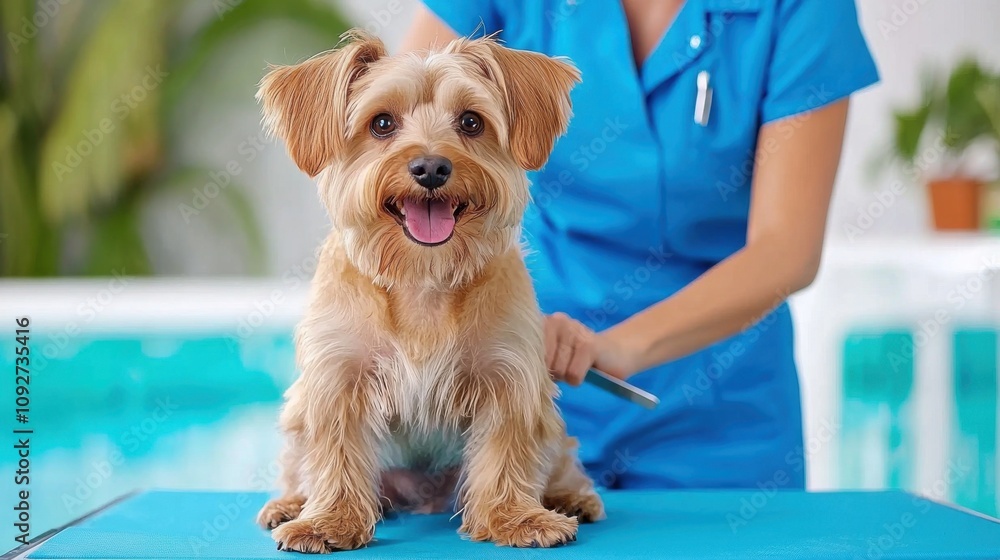 Friendly Yorkshire Terrier Puppy Being Examined by Veterinary Professional in Clinic Friendly Yorkshire Terrier Puppy Being Examined by Veterinary Professional in Clinic