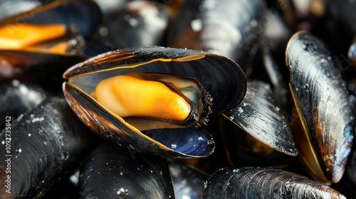A close up of a bunch of fresh mussels.