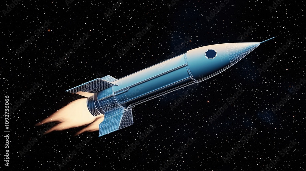 Fototapeta premium A sleek rocket launches into the starry cosmos, surrounded by the vastness of space, with flames propelling it forward.