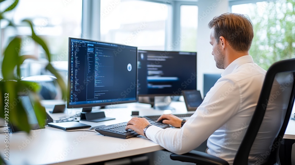 Professional Male Software Developer Working on Code at Modern Office Desk Featuring Multiple Monitors and a Clean Workspace Professional Male Software Developer Working on Code at Modern Office Desk Featuring Multiple Monitors and a Clean Workspace