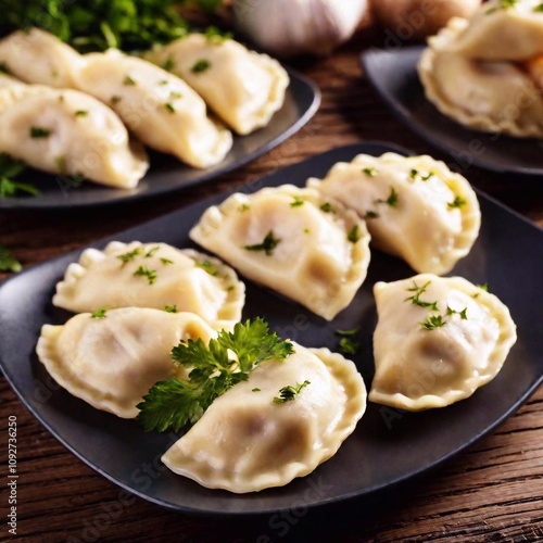 close up image of Mushroom and cabbage pierogi. Polish Christmas Eve dinner at eye level, focusing on meal