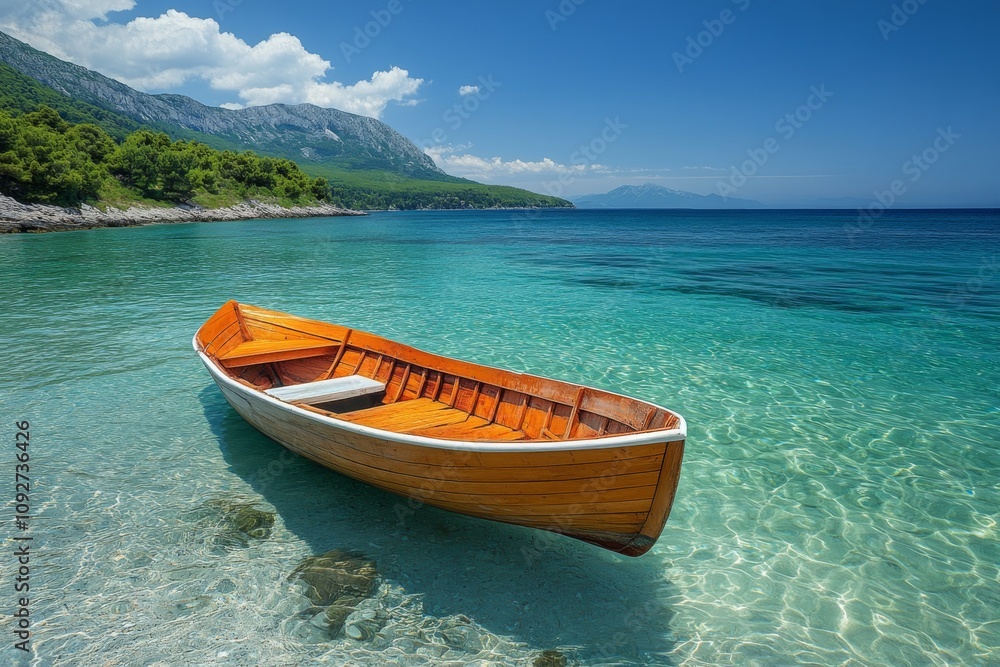 Serene Wooden Rowboat in Crystal Clear Turquoise Sea Coastal Landscape Serene Wooden Rowboat in Crystal Clear Turquoise Sea Coastal Landscape