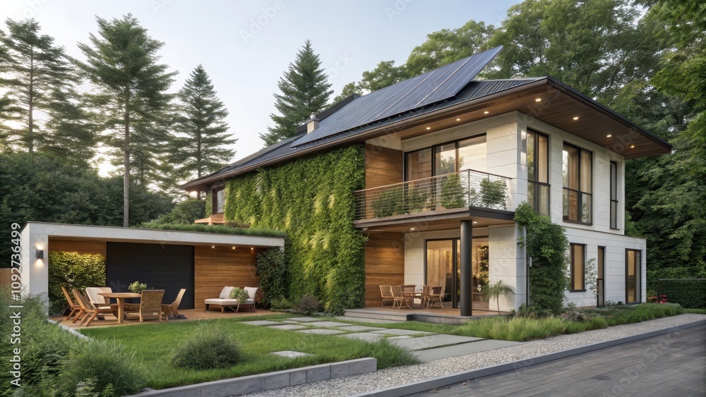 Eco-Friendly Duplex House with Solar Panels Surrounded by Nature Eco-Friendly Duplex House with Solar Panels Surrounded by Nature