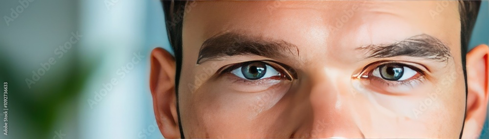 Obraz premium A close-up of a man's face, showcasing striking blue eyes and a thoughtful expression, with soft lighting enhancing his features.