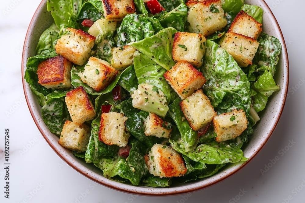 Fresh and vibrant romaine salad with croutons. Fresh and vibrant romaine salad with croutons.