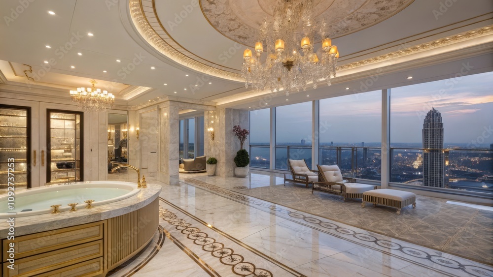 Opulent penthouse condo with luxurious interior and skyline view Opulent penthouse condo with luxurious interior and skyline view
