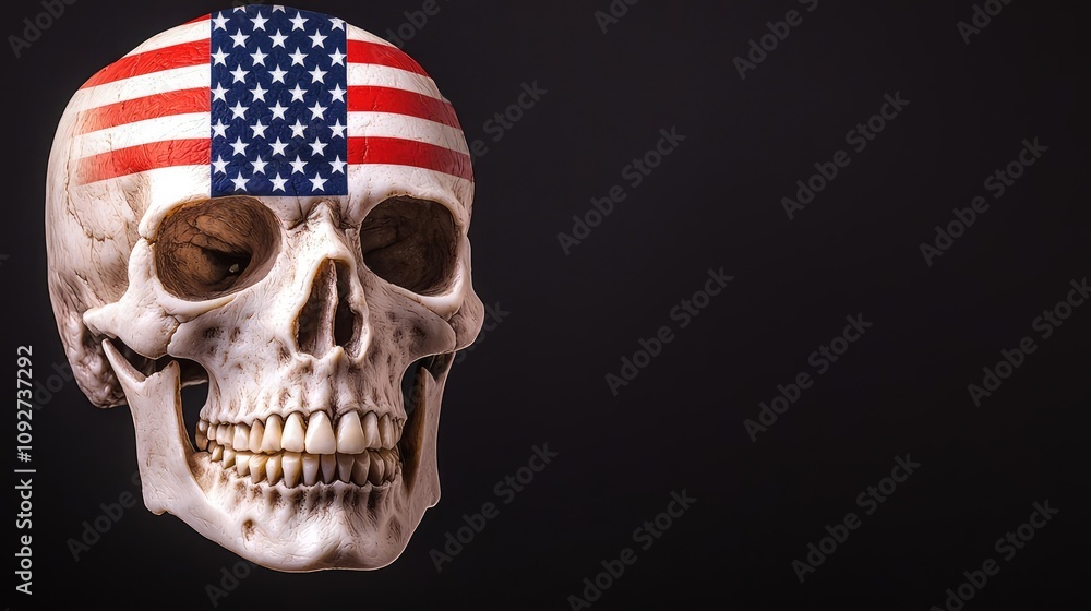 A skull adorned with an American flag design on a black background. A skull adorned with an American flag design on a black background.
