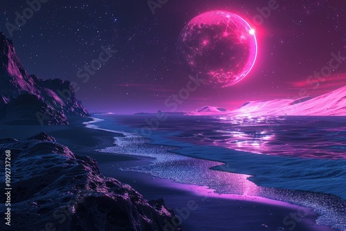 Pink Planet Rising Over a Dark Sea and Rugged Shoreline