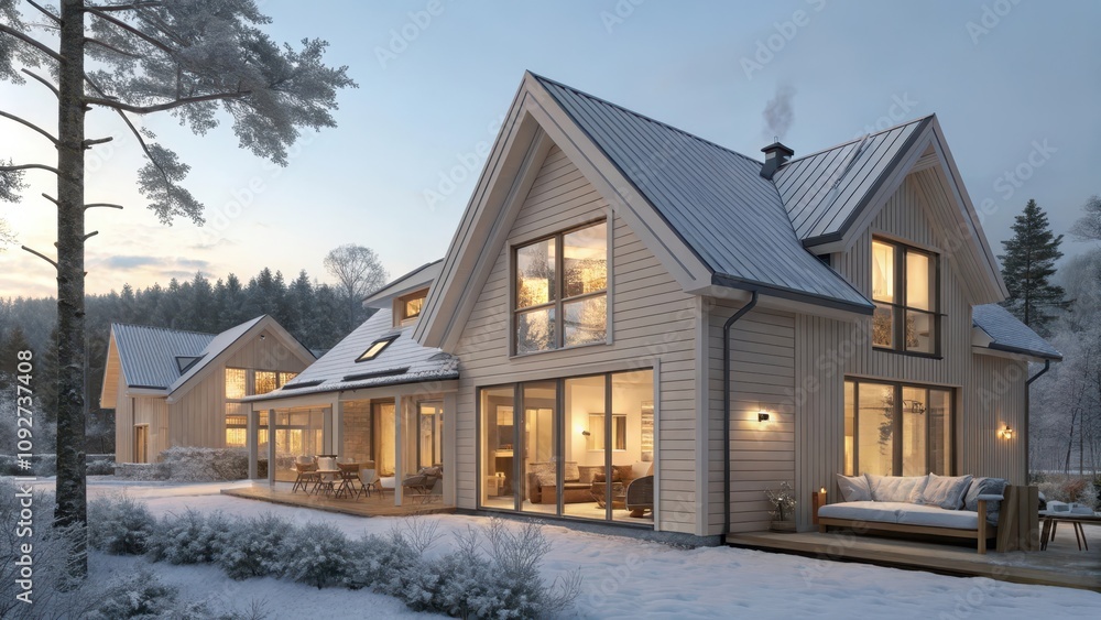 Scandinavian Style Duplex with Light Wooden Siding in Winter Setting Scandinavian Style Duplex with Light Wooden Siding in Winter Setting