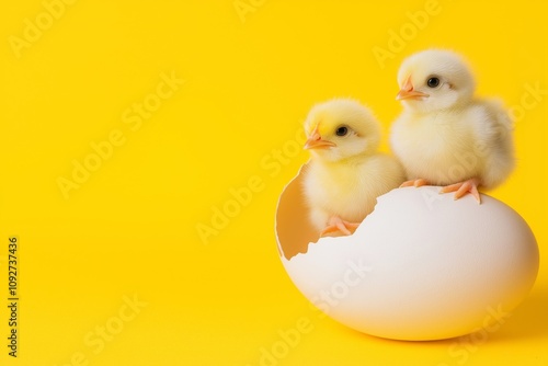 Adorable Fluffy Chicks Emerging from Egg on Vibrant Yellow Background