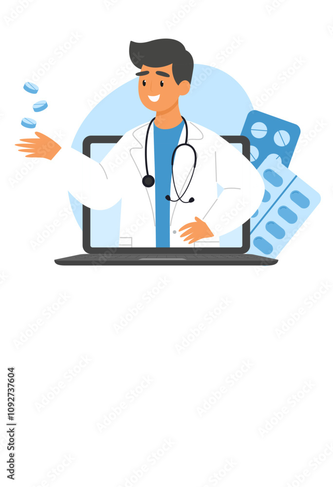 Doctor on a laptop screen with medical documents and blister packs, representing online medical consultation and health services Doctor on a laptop screen with medical documents and blister packs, representing online medical consultation and health services