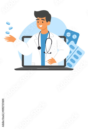 Doctor on a laptop screen with medical documents and blister packs, representing online medical consultation and health services