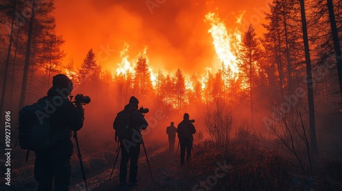 Four photographers capture a raging wildfire in a forest.