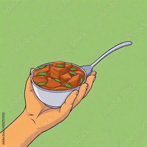 cartoon image illustration of Indian man hand holding Sooji Halwa against background for copy space photo