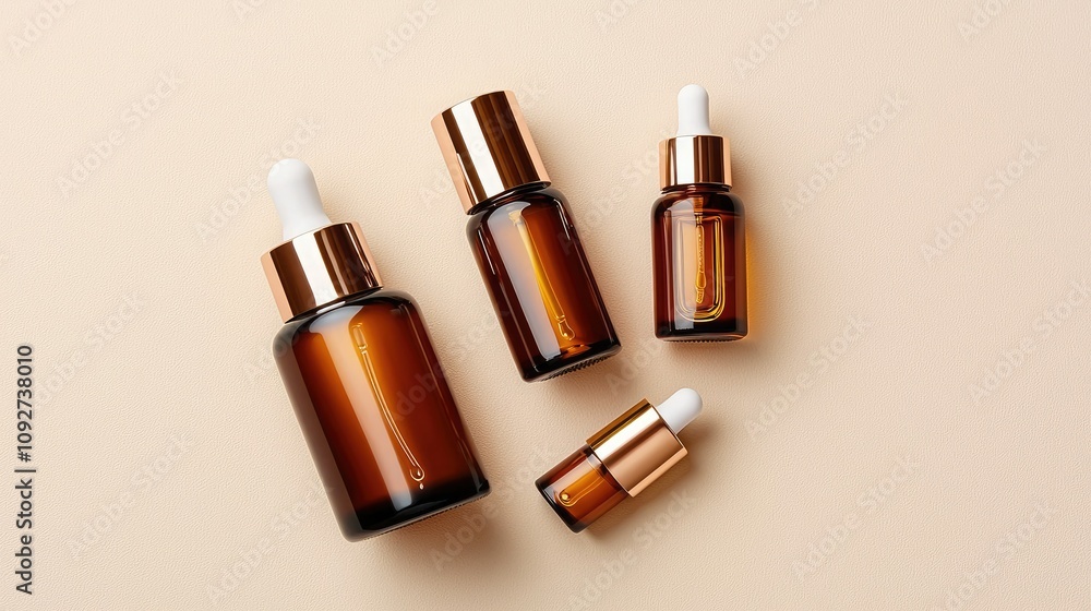 Aesthetic arrangement of amber glass dropper bottles, showcasing various sizes for skincare or essential oils, set against a neutral background. Aesthetic arrangement of amber glass dropper bottles, showcasing various sizes for skincare or essential oils, set against a neutral background.