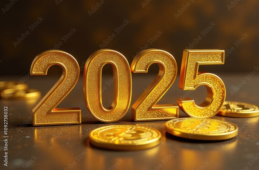 Golden Numbers 2025 Next to Bitcoin Coins, New Year Concept Cryptocurrency. Golden Numbers 2025 Next to Bitcoin Coins, New Year Concept Cryptocurrency.