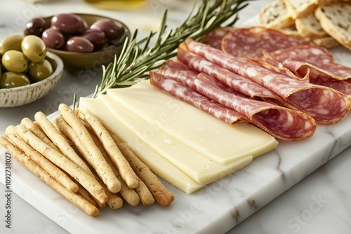 Fontina Cheese with Charcuterie: Slices of fontina cheese arranged alongside cured meats