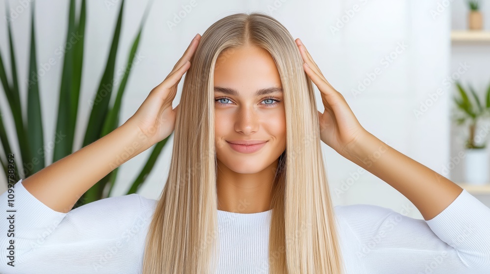 Fototapeta premium Smiling Woman with Long Blonde Hair in Bright Modern Interior Setting