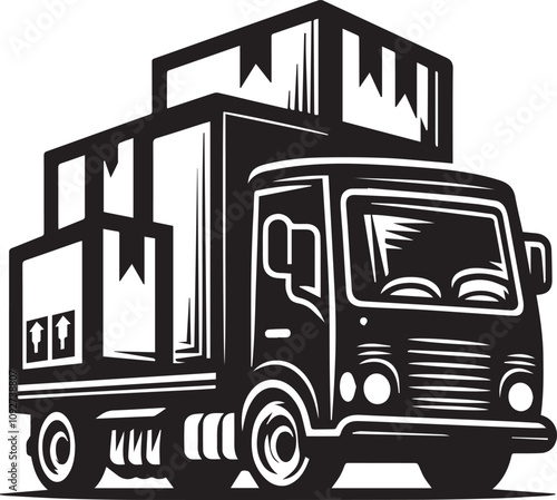 A loaded delivery truck in motion, highlighting efficient transportation. A bold, black and white illustration of a delivery truck speeding along, fully loaded with boxes.