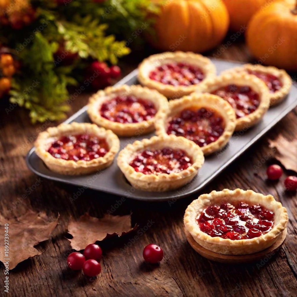 cranberry tarts, with the tarts in sharp focus, capturing the festive preparation of Thanksgiving treats.. Pumpkins on background, Thanksgiving decorations. cranberry tarts, with the tarts in sharp focus, capturing the festive preparation of Thanksgiving treats.. Pumpkins on background, Thanksgiving decorations.