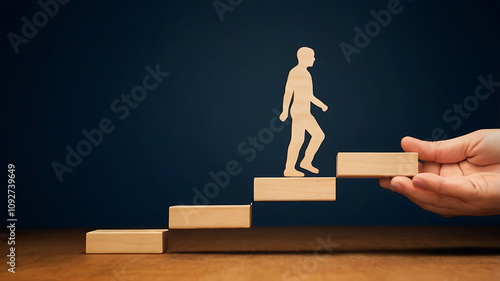 Conceptual Image of Progress and Support: Wooden Figure Ascending Stairs, progress concept, personal growth, wooden figure, minimalistic design