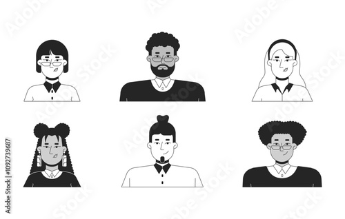 Diverse corporate company office workers black and white 2D line characters set.. Multicultural young business professionals isolated vector outline people. Monochrome spot illustrations collection